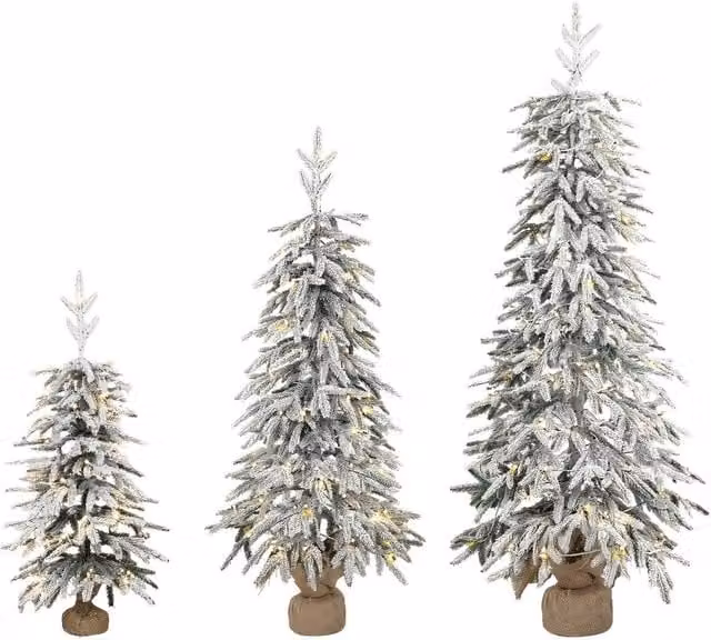 HOMCOM Set of 3 Prelit Flocked Artificial Christmas Trees with Warm White LED Lights – 1