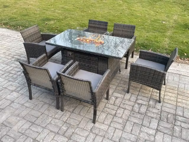 Fimous Outdoor Rattan Garden Furniture Set with Rectangular Gas Fire Pit Table and 6 Dining Chairs in Dark Grey Mixed