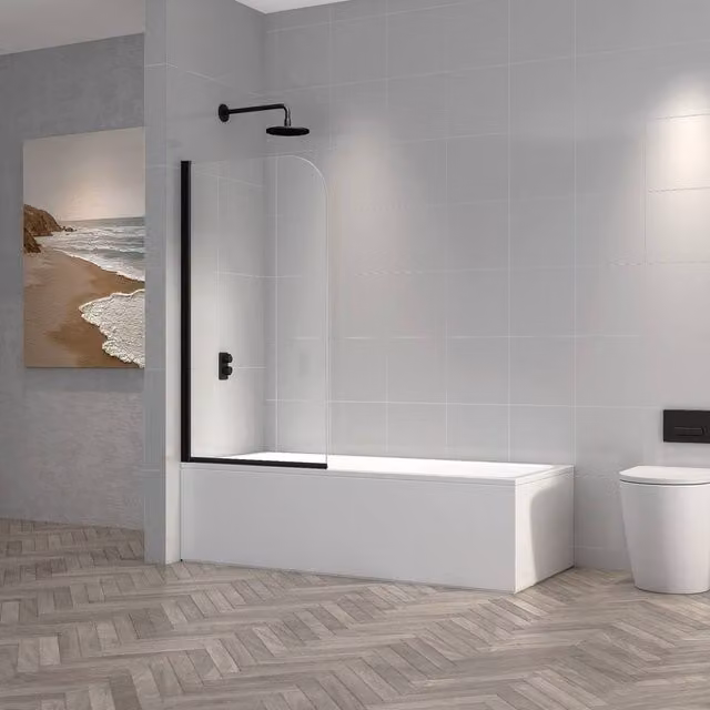Bathroom Kingdom Vienna Frameless Hinged Bath Screen with Easy Clean Coating, Black, 6mm Glass, Width: 800 mm