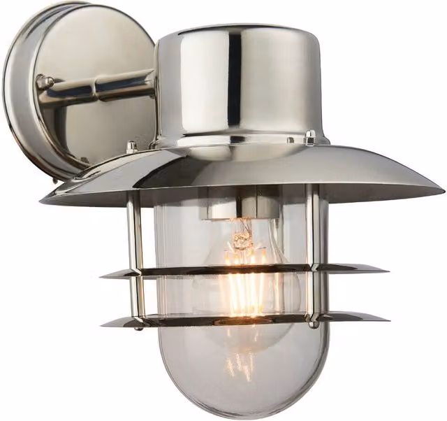 Loops Modern IP44 Outdoor Wall Lamp in Silver Stainless Steel with Transparent Glass Lantern – 1