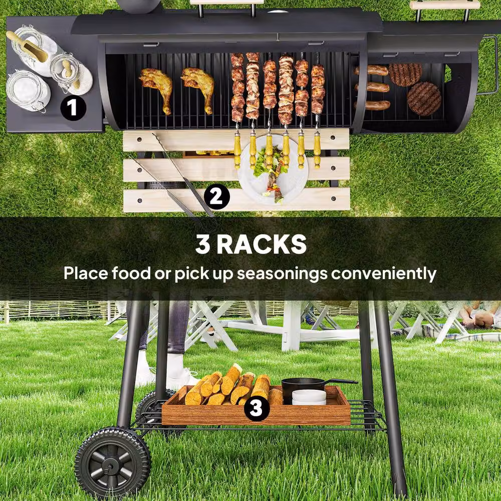 Rolipo Portable Charcoal BBQ Grill with Thermometer and Wheels, Black, W: 104 cm, D: 124 cm, H: 53 cm – 9