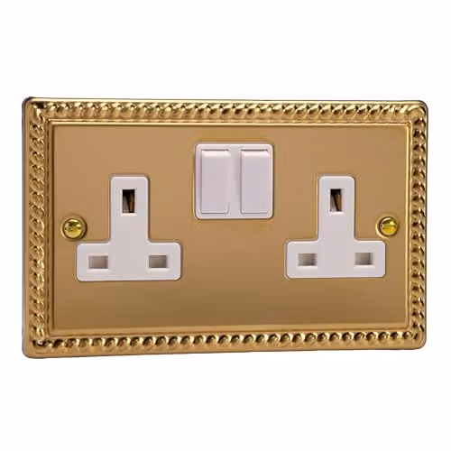 Varilight 2-Gang 13A Switched Flush Socket in Georgian Brass and White, H x W x D: 95 x 155 x 31 mm – 1