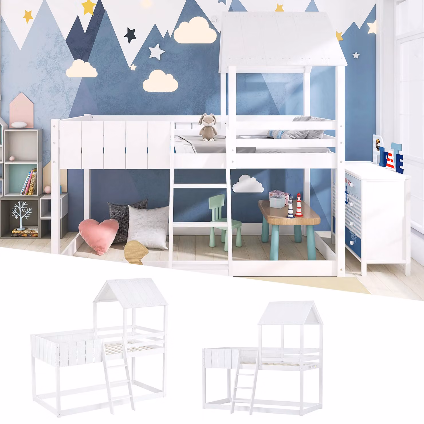 Matteo Solid Wood Single Loft Bunk Bed with Ladder and Guard Rail in White, W/D/H: 90 x 190 cm – 2