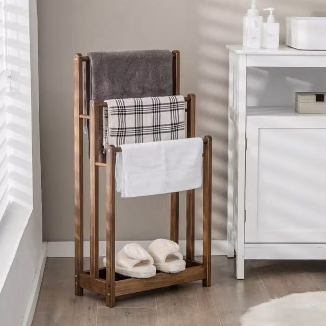 CASART 3-Tier Wooden Towel Rack with Bottom Shelf in Grey