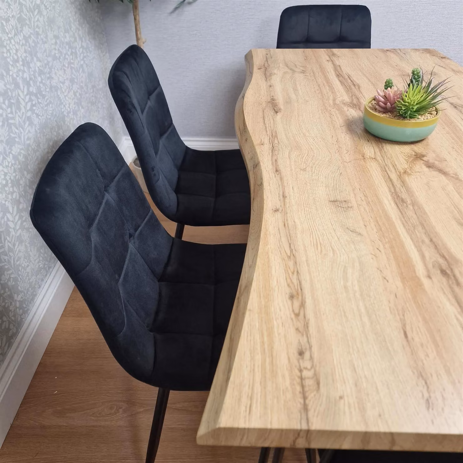 KOSY KOALA Modern Dining Set with Brown Wood Live Edge Table, 4 Black Velvet Chairs and Bench – 2