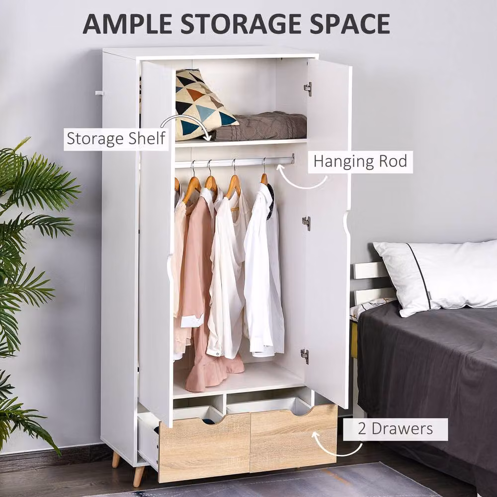 HOMCOM White 2 Door Clothes Wardrobe with Hanging Rod, Internal Shelves and 2 Drawers – 3
