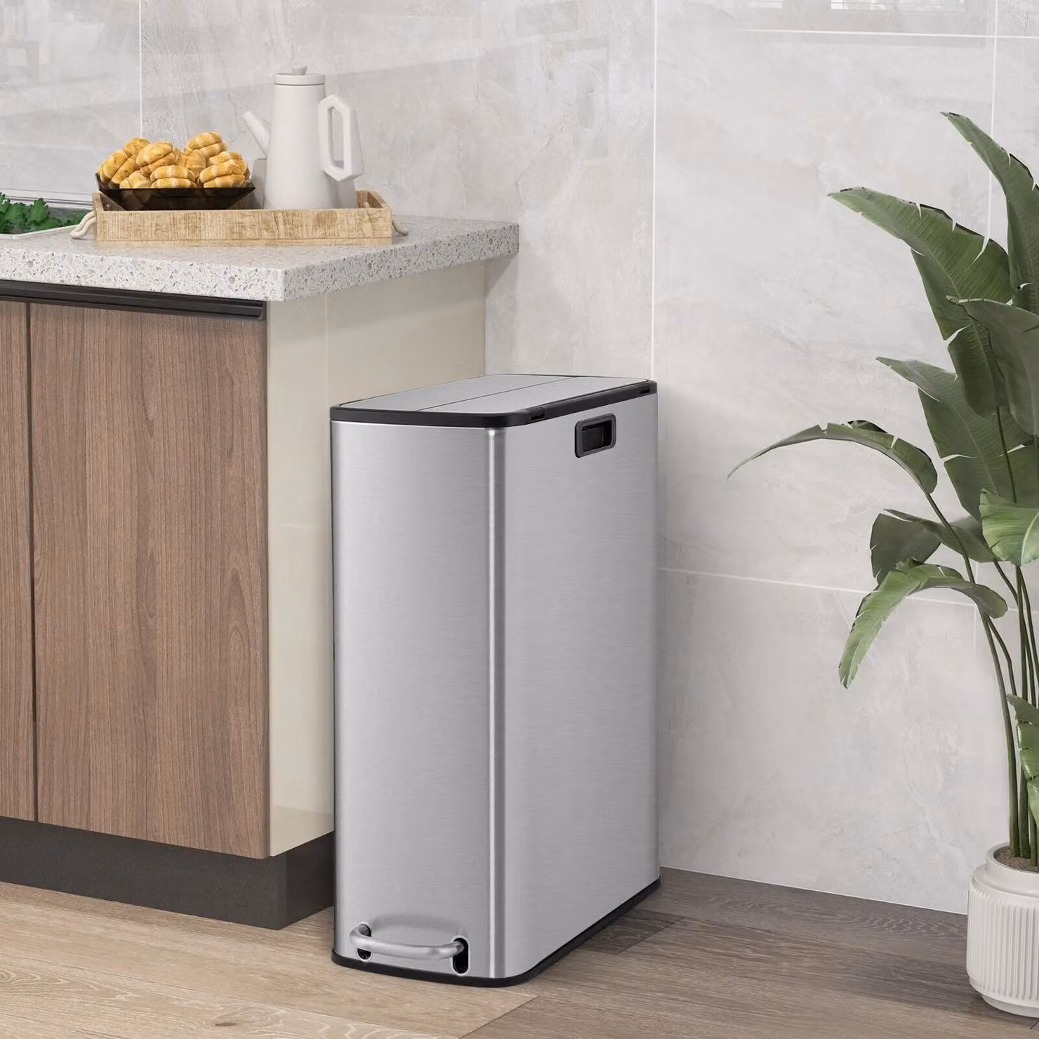Costway 46L Slim Step Kitchen Trash Can with Removable Inner Bucket in Silver Stainless Steel – 3
