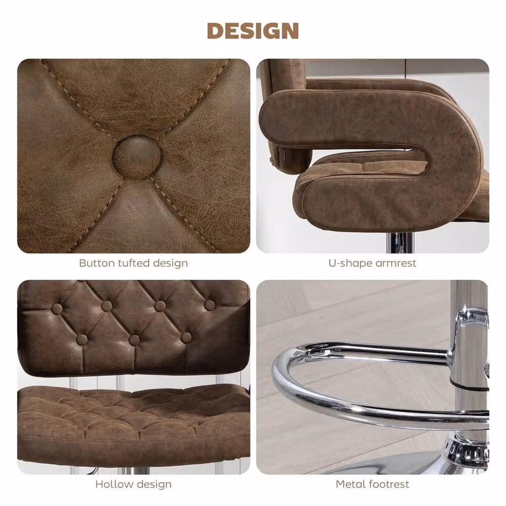 EONLION Modern Brown Synthetic Leather and Metal Adjustable Height Swivel Barstool with Armrests – 3