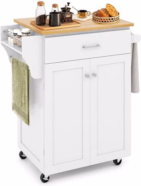 Costway Modern Rolling Storage Trolley Cart in White Matt Wood Finish