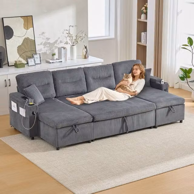 Matteo Grey Fabric 4-Seater U-Shape Sofa with Pull-Out Bed, Storage, Cup Holders and USB Charging – 1