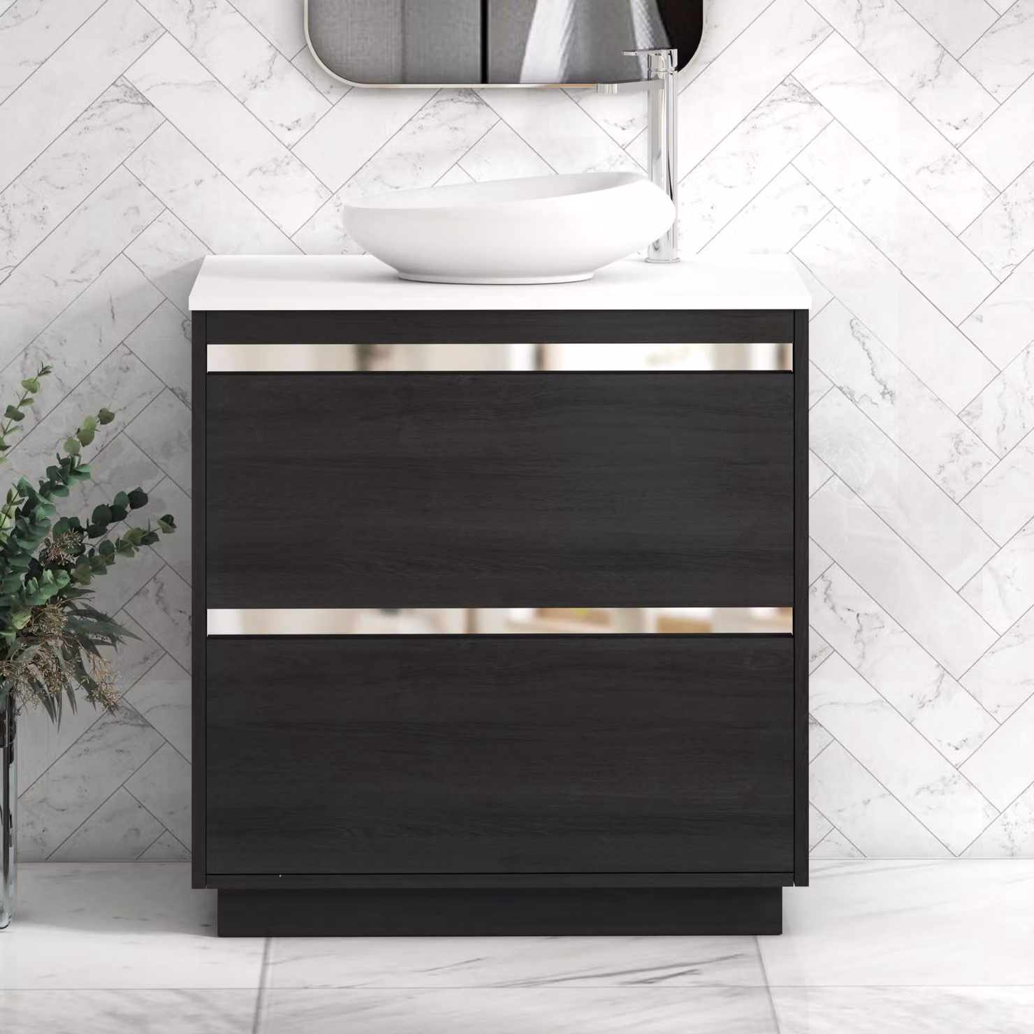Royal Bathrooms Orion 800mm Hale Black Floor Standing Plain White Countertop Vanity Unit with 2 Drawers, Nova Basin and Chrome Accent Trim