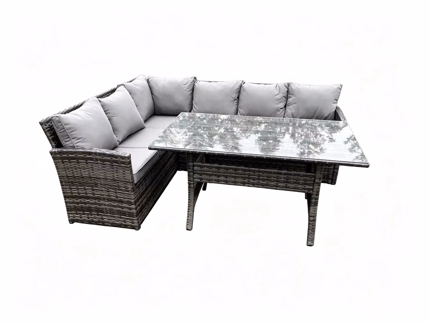 Fimous 6 Seater High Back Rattan Corner Sofa Set with Rectangular Glass Dining Table in Dark Grey – 2