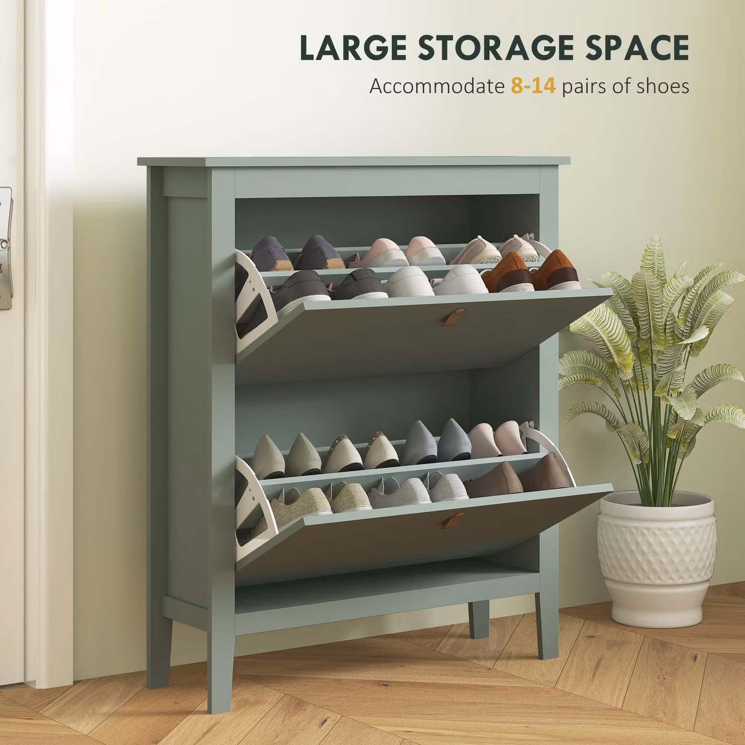 HOMCOM Modern Green Freestanding Shoe Cabinet with Tilting Compartments and Internal Shelves – 3