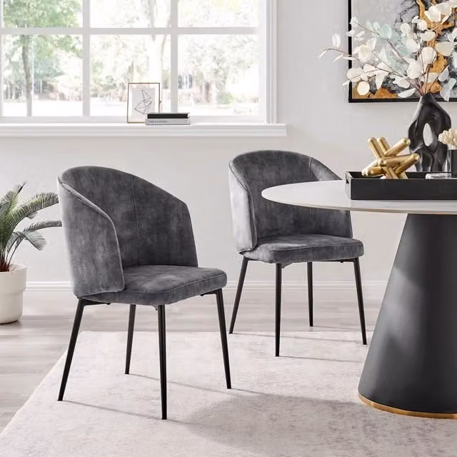Modish Furnishing Capri Set of 2 Grey Velvet Dining Chairs with Curved Back and Black Metal Legs – 1