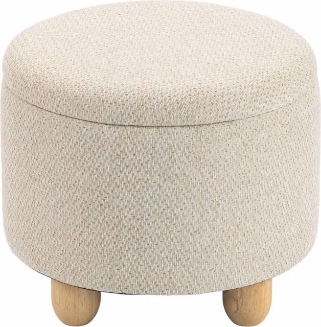 HOMCOM Round Storage Ottoman Sitting Bench with Lid and Rubberwood Legs, Beige