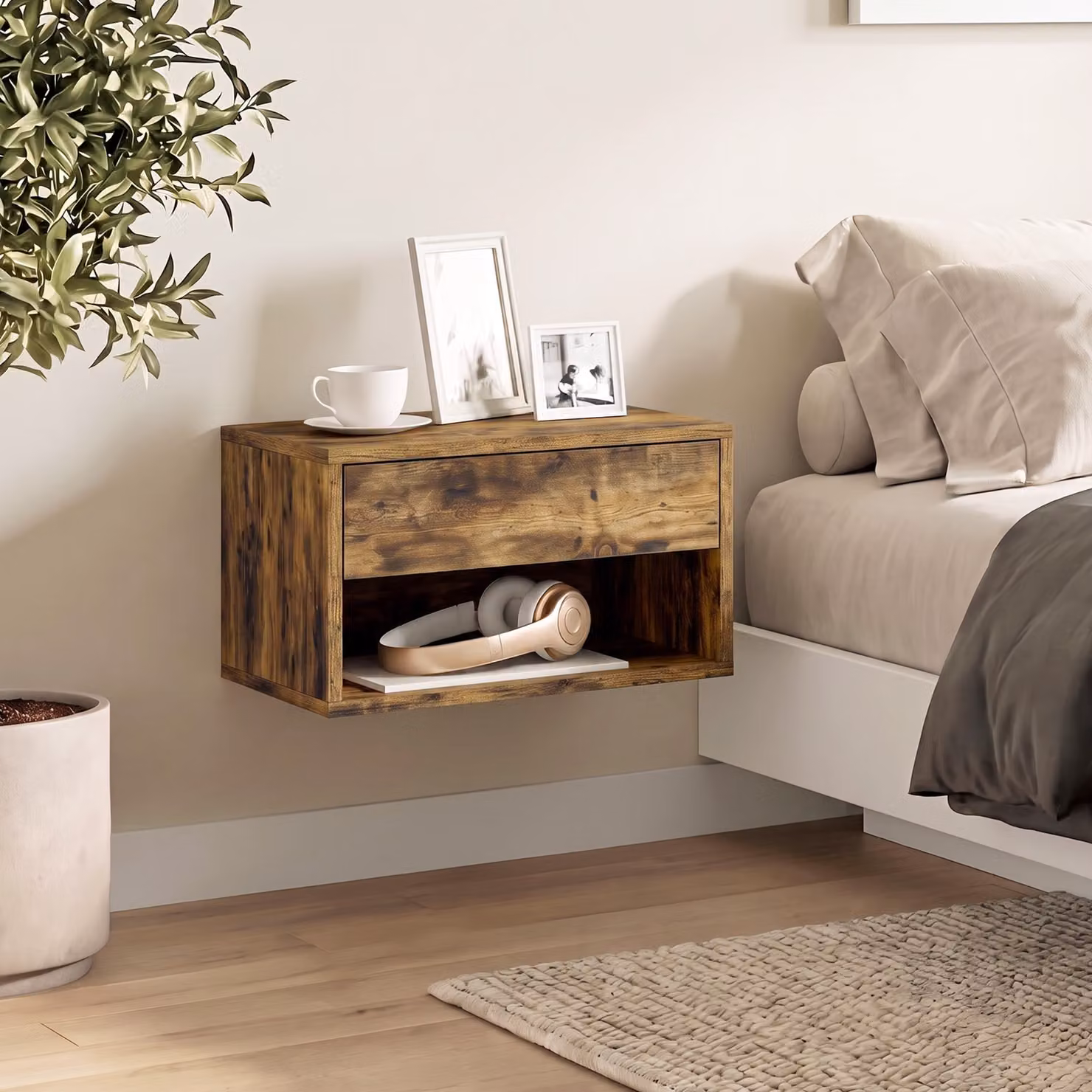 HOMCOM Set of Two Wall-Mounted Floating Bedside Tables in Rustic Brown – 6