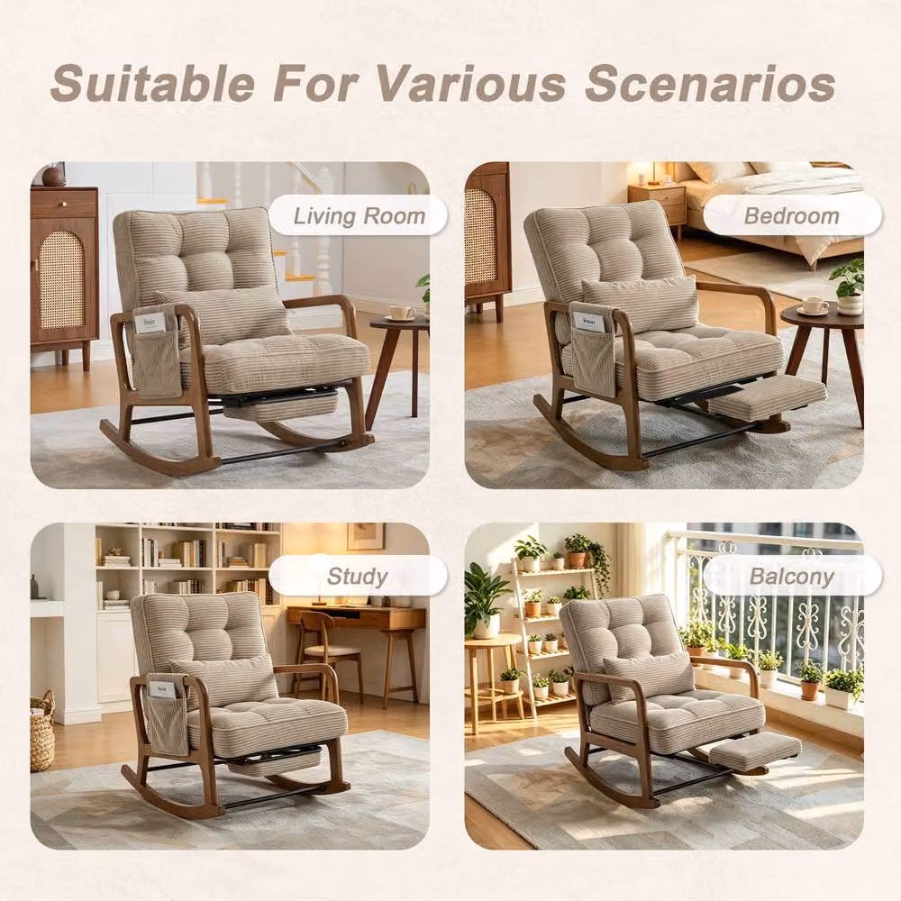 GOMYWAY Matteo Corduroy Upholstered Glider Rocker with Adjustable Footrest and Backrest in Beige – 2