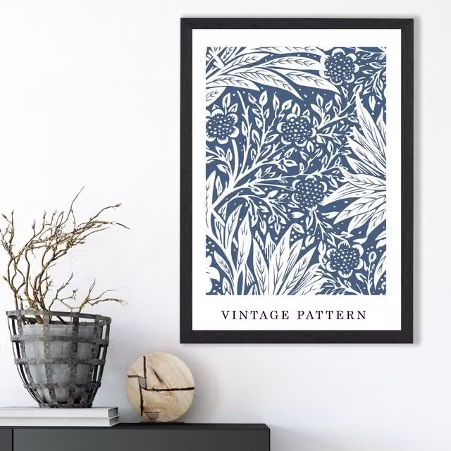 ARTZE William Morris Blue Floral Pattern Art Print with Black Frame, A3