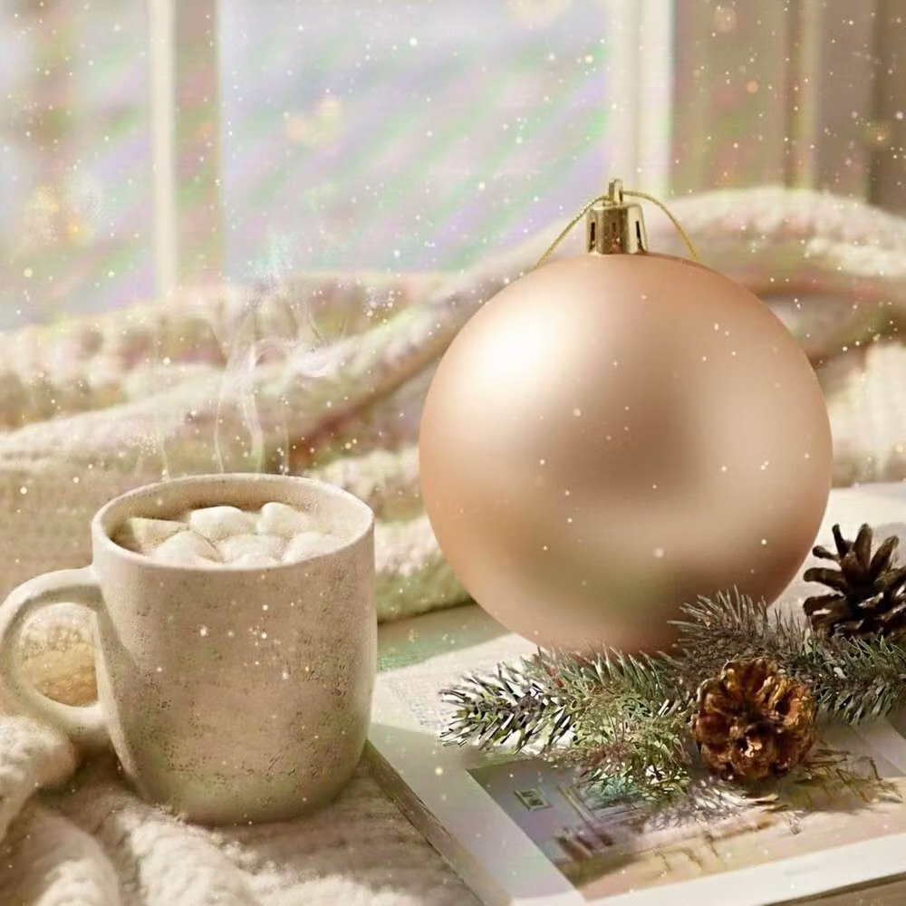 Shatchi Round Matt Christmas Bauble in Beige and Gold, Diameter: 20 cm – 2