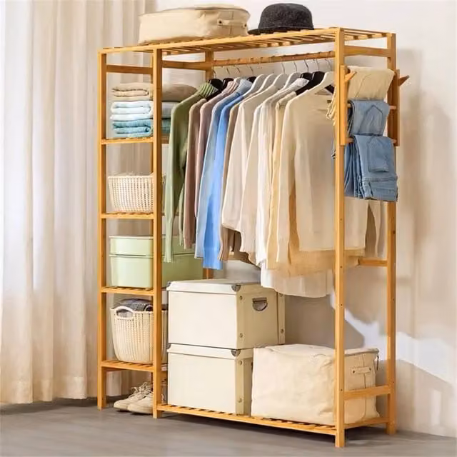 KORVIXA C Open Wardrobe with Slatted Storage Shelving and Clothes Rail in Brown