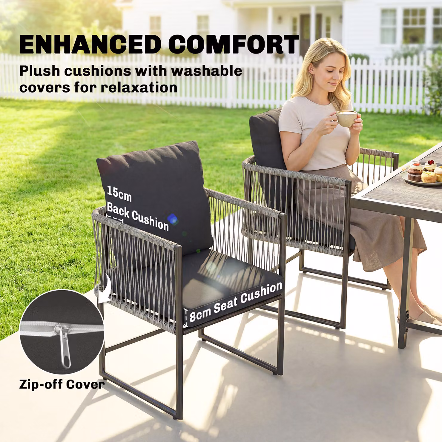 Outsunny 4-Seater Rattan Garden Dining Set with Black Cushions and Powder Coated Steel Frame – 6