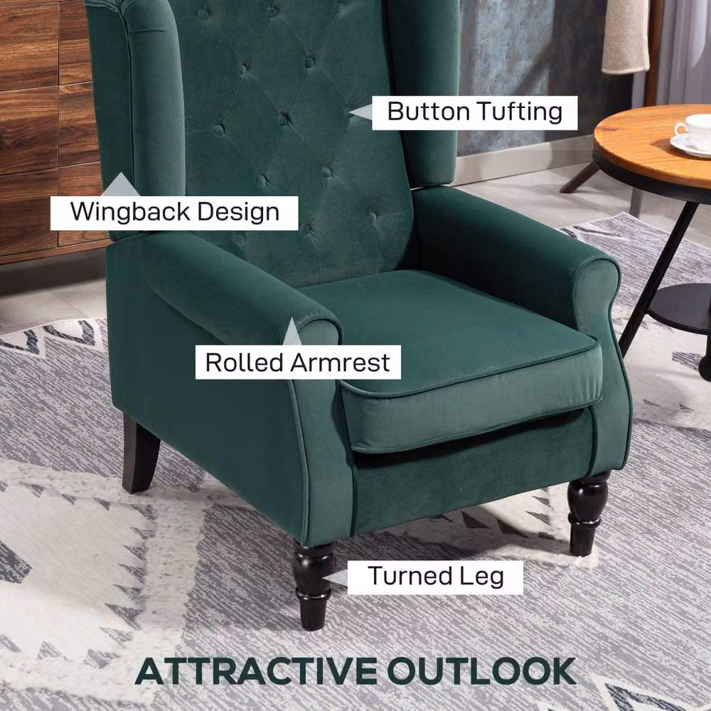 Wyld Haus Dona Green Velvet Wingback Accent Armchair with Diamond Button Tufting and Solid Wood Frame, W/D/H: 74 x 86 x 102 cm – 4