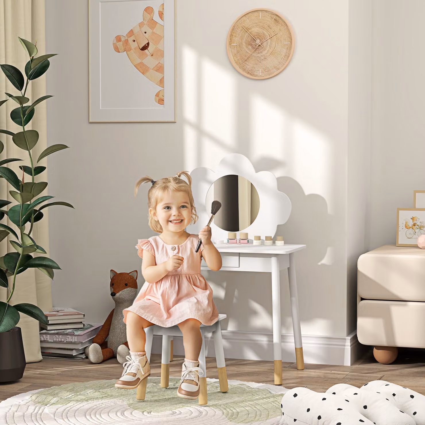 AIYAPLAY Kids Dressing Table with Mirror, Stool and Drawer in White Cloud Design – 2