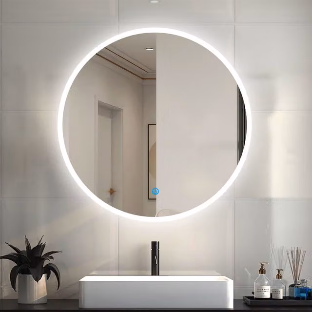 AicaBathroom Dimmable Circle LED Bathroom Mirror with 3 Colour Lights, White, Diameter: 50 cm