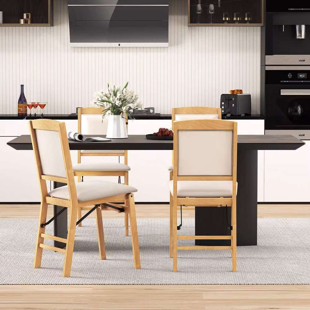 Costway Set of 2 Folding Bar Stools with Backrest in Cream Beige Rubberwood and Fabric – 2
