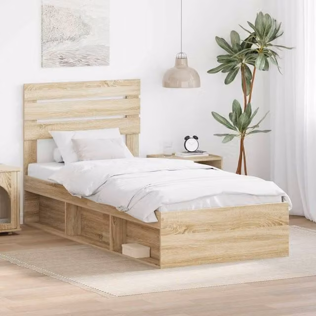 Berkfield Home Sonoma Bed Frame with Headboard in Brown Solid Pine Wood, W/D/H: 100 x 200 cm