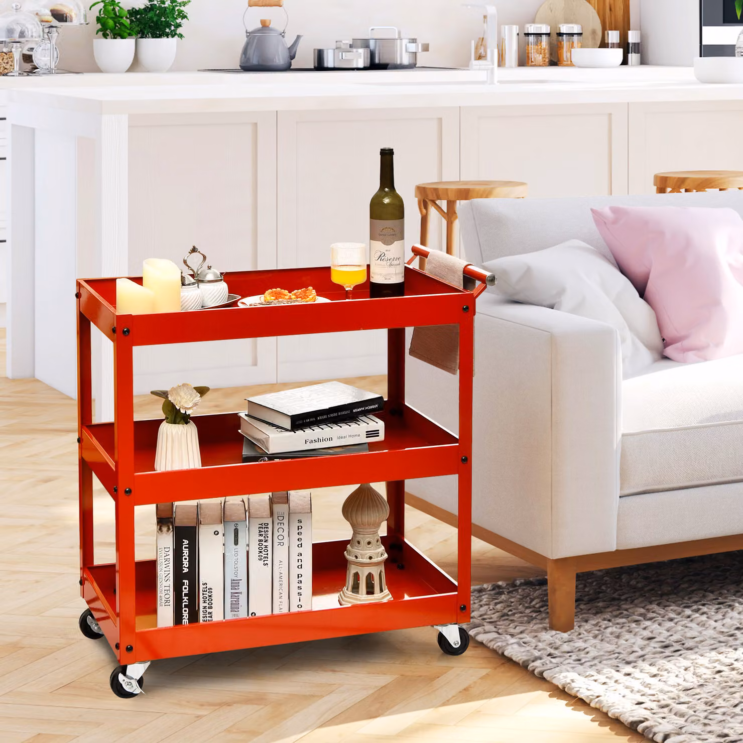 Costway 3-Tier Multifunctional Metal Utility Cart in Red – 2