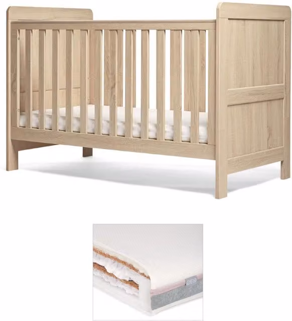 Mamas & Papas Atlas Cotbed and Luxury Hybrid Twin Mattress Bundle in Beige and Light Oak, W/D/H: 140 x 70 cm