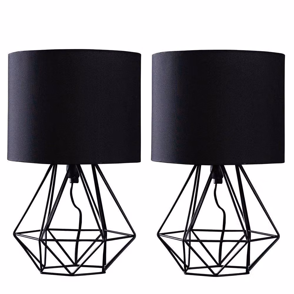 ValueLights Pair of Modern Black Metal Basket Cage Table Lamps with Black Fabric Shades – 2