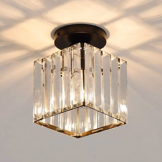 INMTFEI Square Modern Black Metal and Transparent Crystal Semi-Flush Mount Ceiling Light