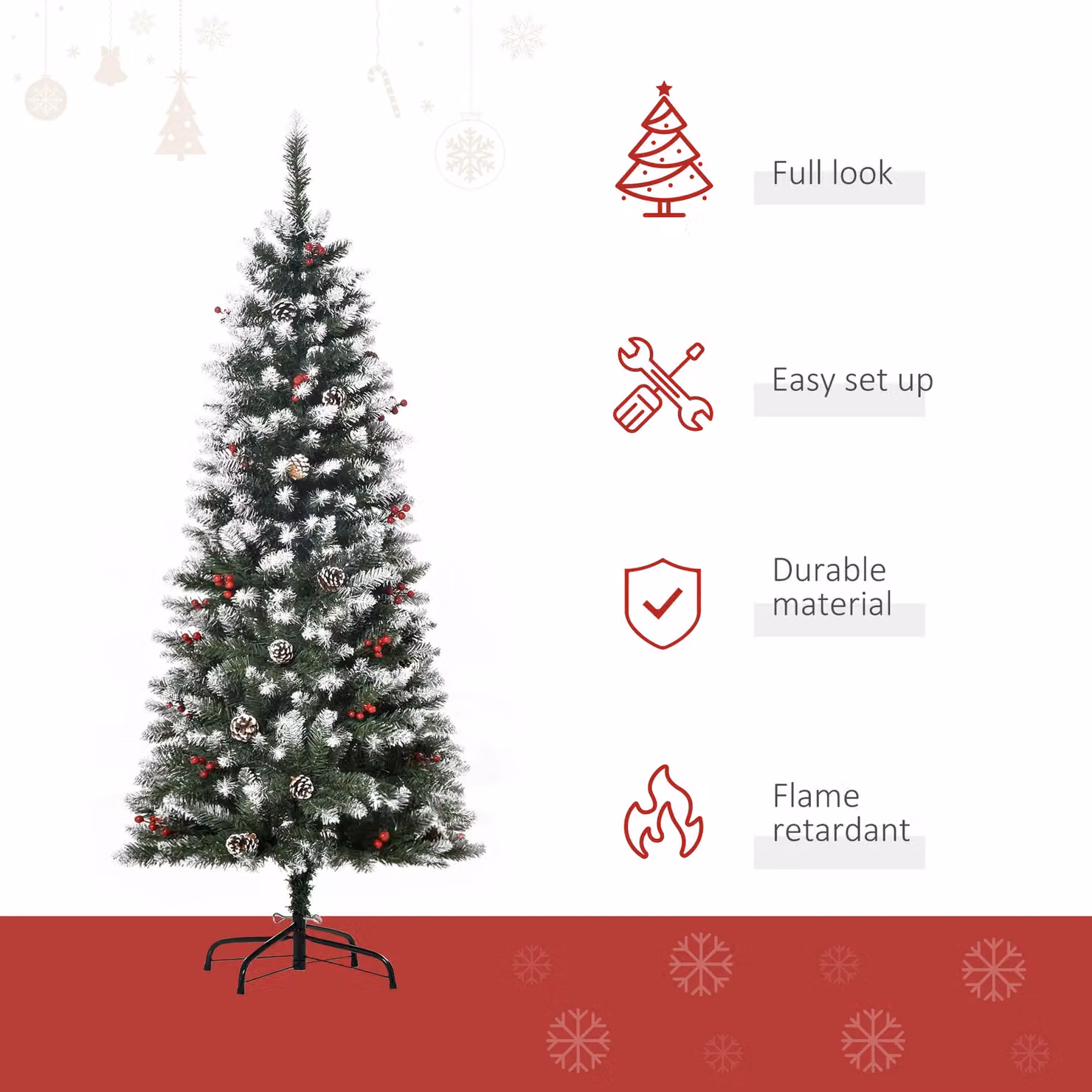 HOMCOM 5ft Artificial Christmas Pencil Tree with Pinecone Decorations in Green – 3
