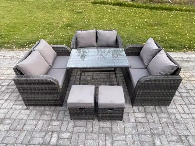Fimous 8 Seater Outdoor Rattan Garden Furniture Set with Rectangular Dining Table and 2 Footstools in Dark Grey Mixed