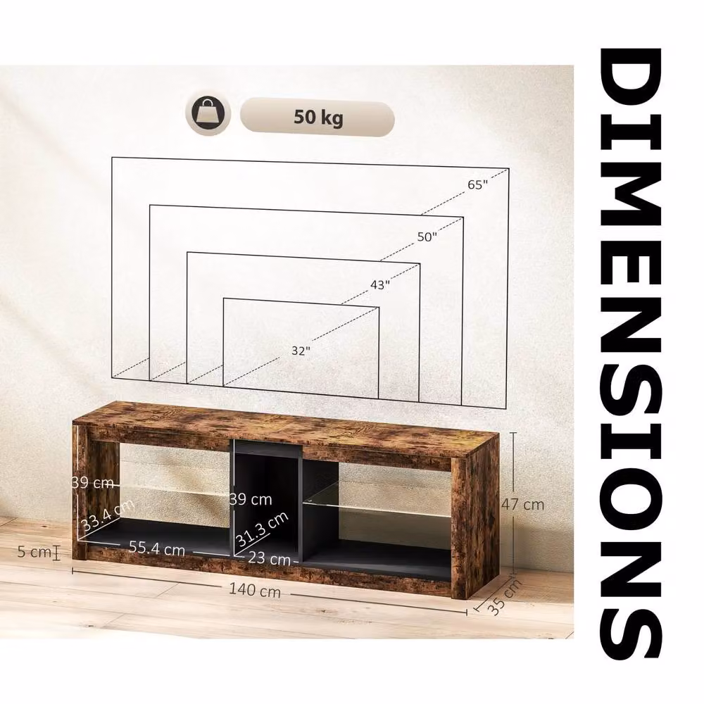 FURNOS Industrial TV Stand Unit with Integrated LED Lights and Storage Shelves in Brown, W/D/H: 140 x 35 x 47 cm – 8