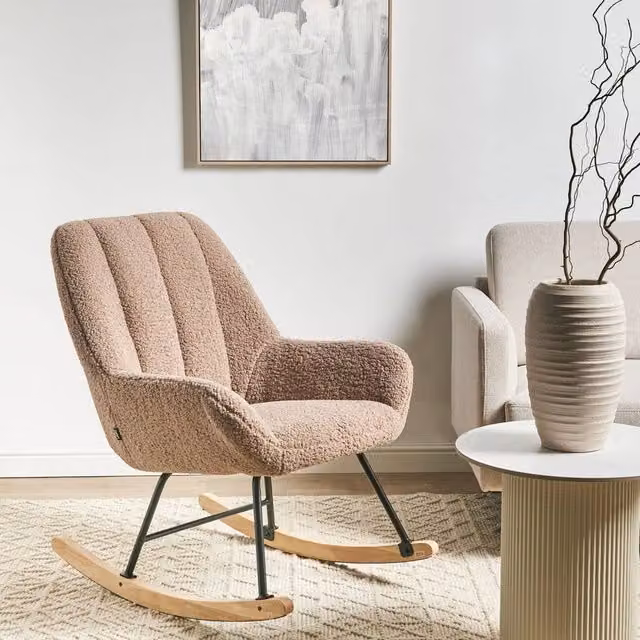 Wyld and Coco Beige Boucle Rocking Armchair with Black Metal Legs