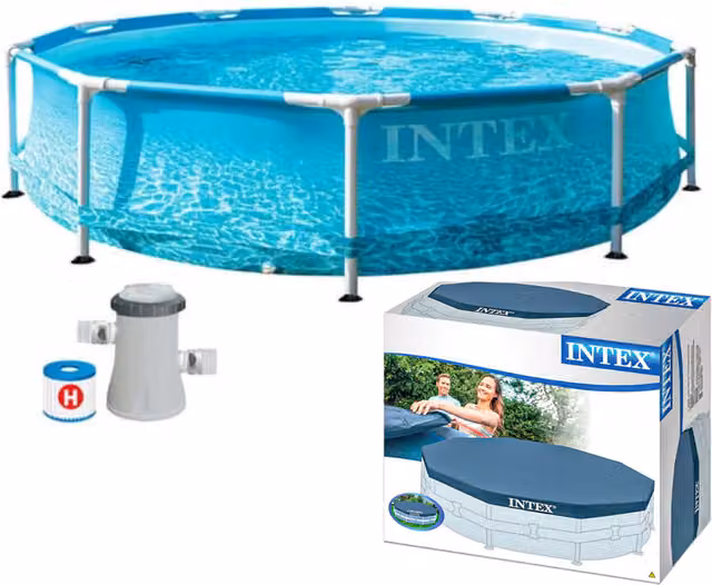Intex Blue Round Beachside Steel Frame Pool with Pump and Cover, Diameter: 305 cm