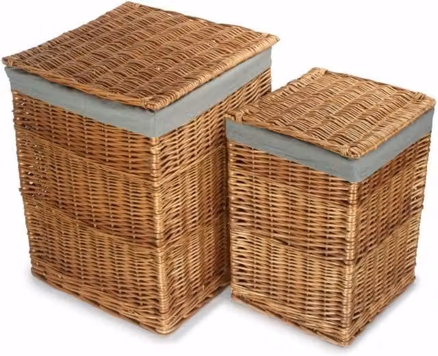 Red Hamper Set of 2 Red Wicker Square Laundry Baskets with Grey Sage Cotton Lining and Handles