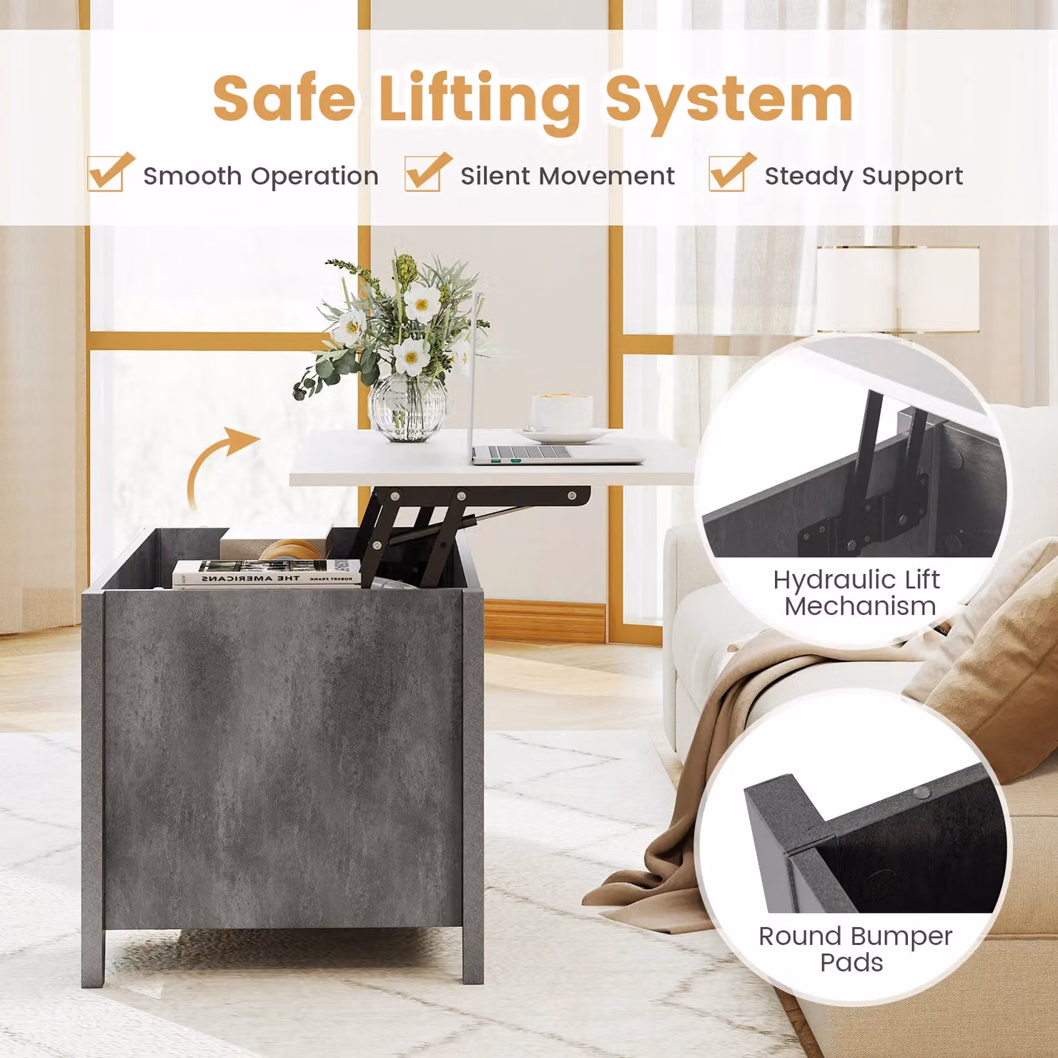 Gymax Grey Lift Top Coffee Table with Rising Mechanism – 7