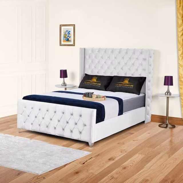 UK Bed Furniture Windsor Wingback Upholstered Slatted Base Bed in White, Small Double (W/D/H: 120 x 200 cm) – 1