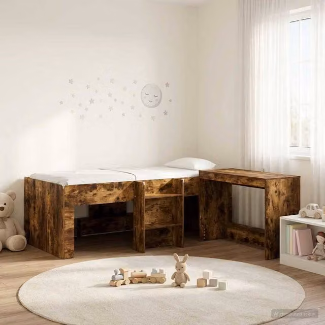 Berkfield Home Kids High Bed Frame with Desk and Stairs in Smoked Oak Brown Engineered Wood