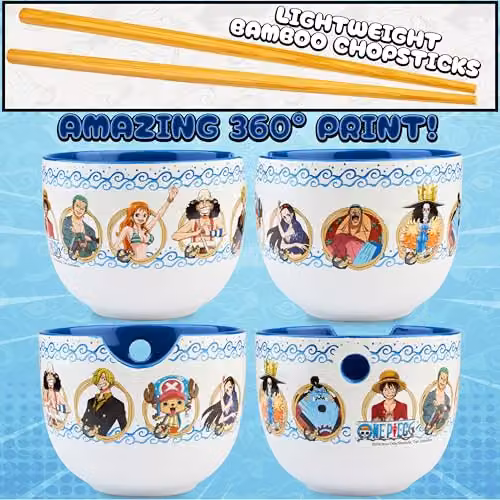 Get Trend One Piece Ramen Bowl Set in Multicolour, 600ml Ceramic Bowl with Spoon and Bamboo Chopsticks – 3
