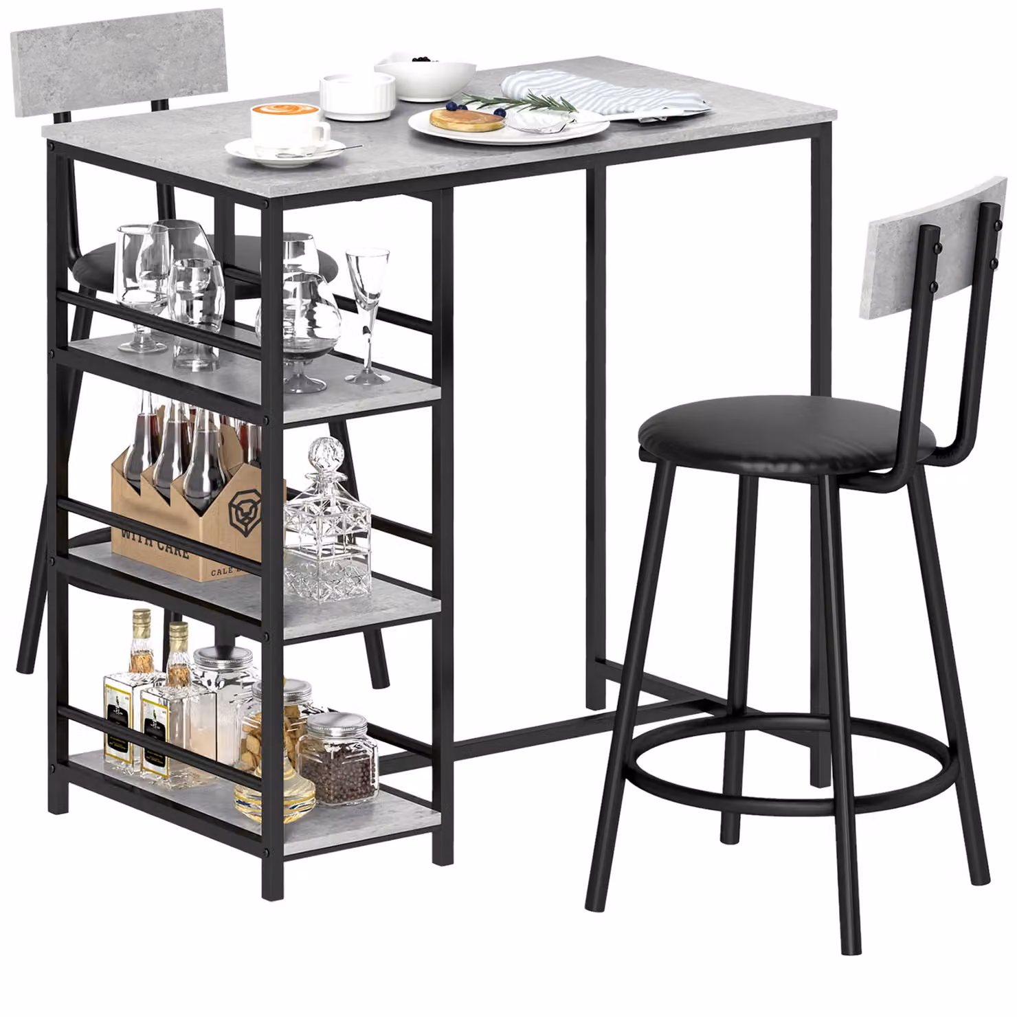 HOMCOM 3 Piece Breakfast Bar Table Set with Storage Shelves in Light Grey – 2