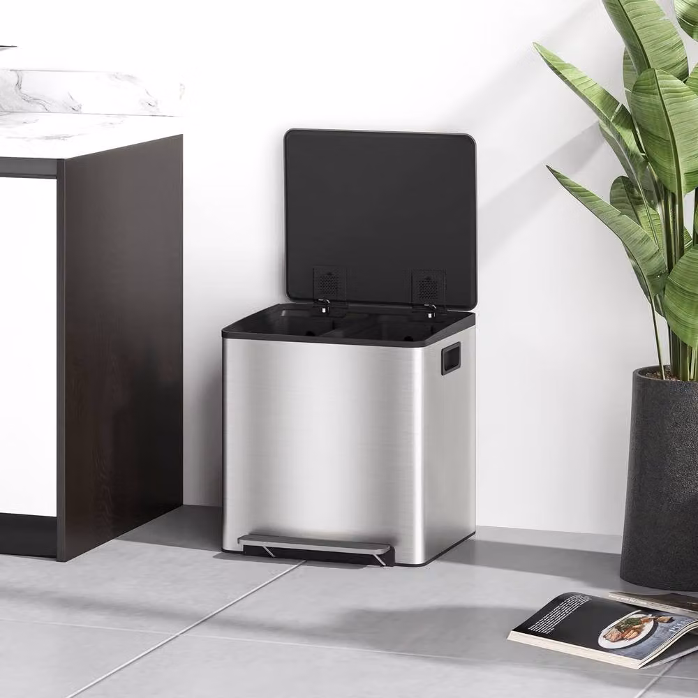 STILVORA Dual Compartment Stainless Steel Kitchen Bin with Pedal Lid and Soft Close Mechanism, Silver – 8