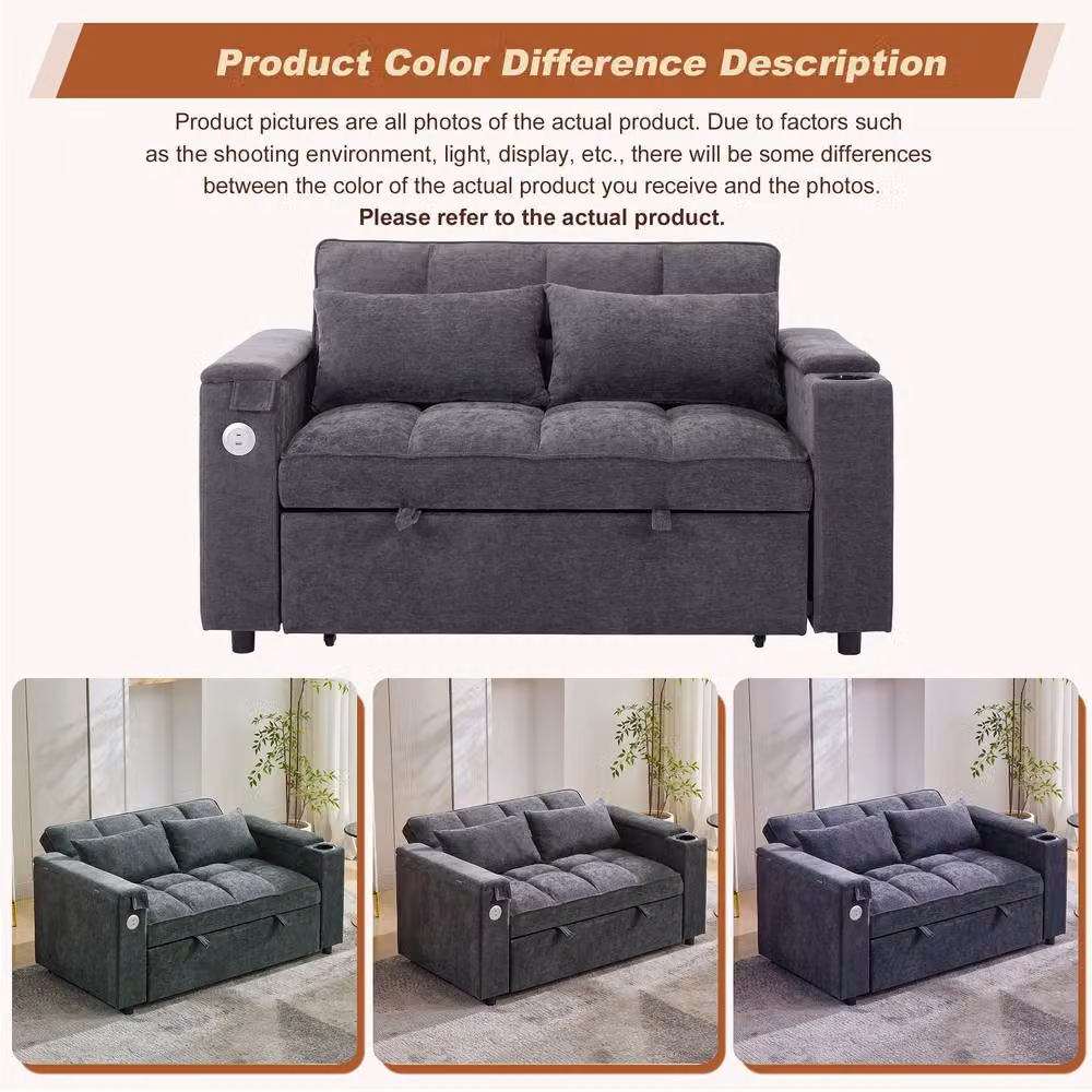 Merax Grey Pull-Out Sofa Bed with Swivel Tray Table and Flip-Top Storage Arms – 5