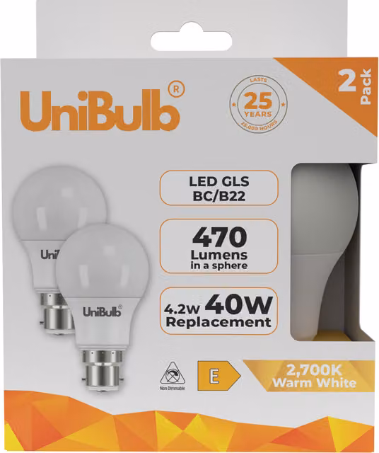 UniBulb LED Globe Bulb B22, 470lm, 2700K Warm White, Transparent