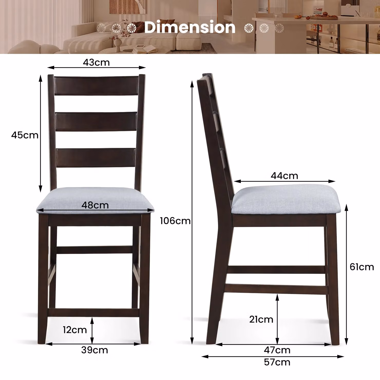 Costway 2-Piece Set of Brown Counter Height Bar Stools with Padded Fabric Seats and Rubberwood Legs – 2