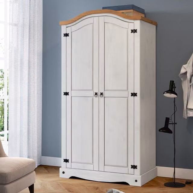 Mercers Furniture Corona Double 2 Door Wardrobe in Distressed White Waxed Mexican Pine, H 190 cm x W 100 cm x D 51 cm